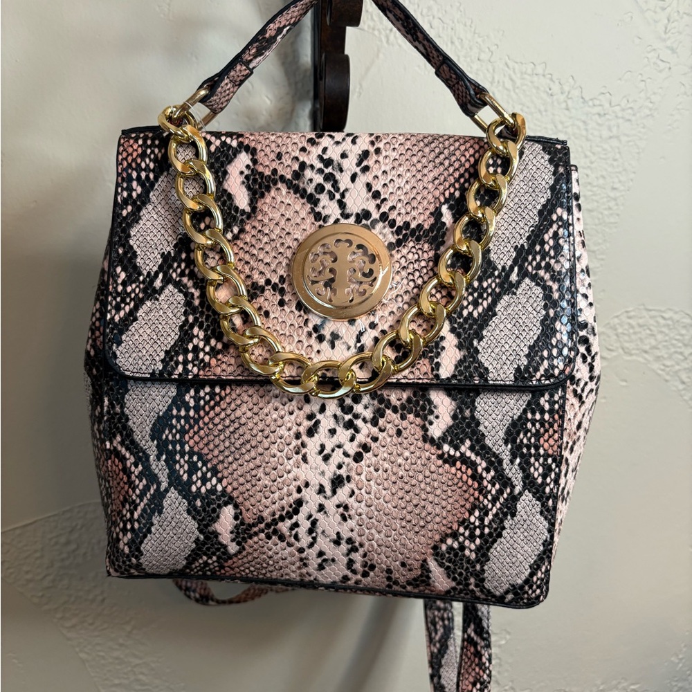 Elegant Pink Snake Print Backpack with Gold Chain